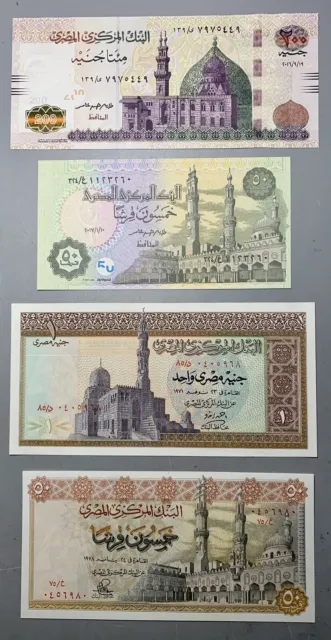 Egypt 200 Pd P77, 2017 1 Pd P62, 1978 50 P P43 & 50 P / Four Unc Notes!