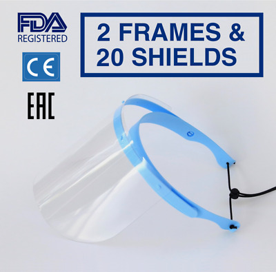 Safety Full Face Shield Flip-Up Clear Visor 2 PACK 20 SHIELDS Medical Mask Cover