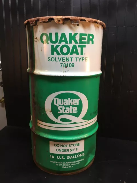 Vtg  16 gallon oil gas drum QUAKER STATE  OIL  KOAT SOLVENT  Garage Trash Can