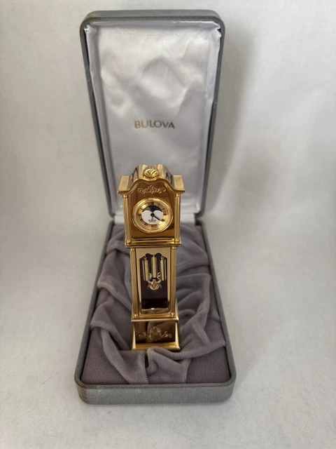VTG BULOVA MINIATURE Grandfather Collectible Clock Oxford B-0554 WORKS ...