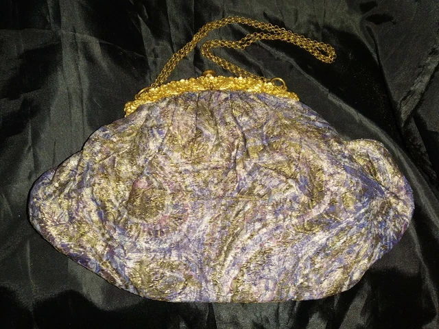GORGEOUS Antique Art Nouveau Shimmery Fabric Purse Bag & GLAM Gold Flower Frame 2