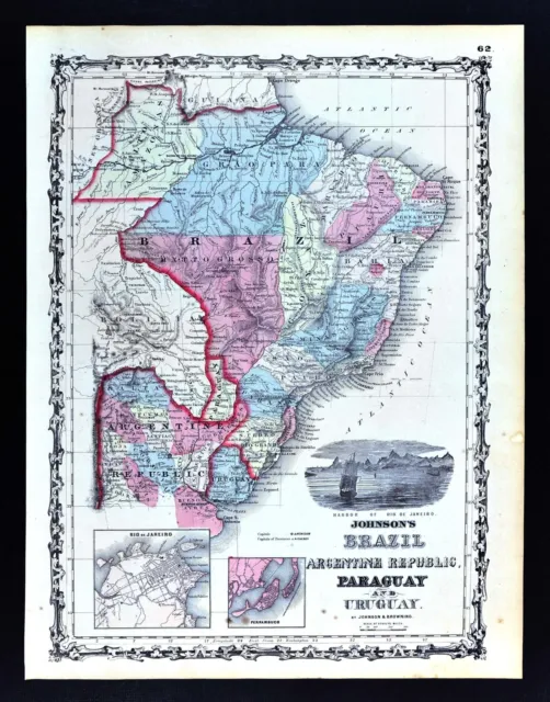 1860 Johnson Map Brazil Argetina Uruguay Rio de Janeiro Amazon Recife - 1st ed.