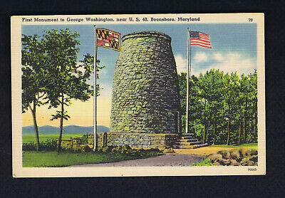 First Monument to George Washington, Boonsboro, MD - 2 Flag - Linen Era Postcard