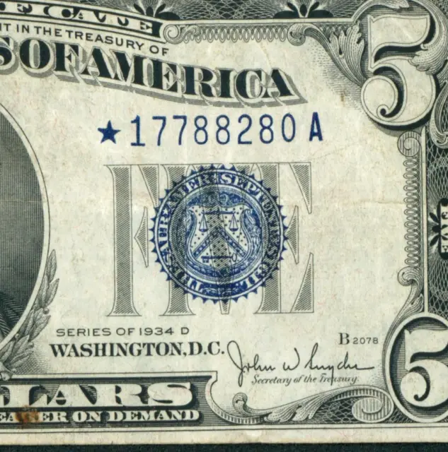 ** STAR ** $5 1934 D Silver Certificate ** DAILY CURRENCY AUCTIONS FREE RETURN