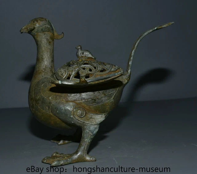 9.4" Chinese Bronze Ware Dynasty Fengshui Phoenix Hollow Out Lid Incense Burner