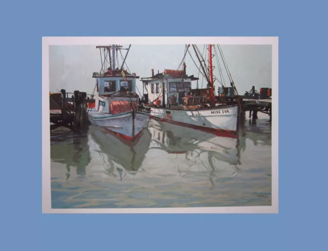 AL BARNES Two Old Gals Boat Fulton Harbor Texas Artist Gulf Coast Sea Lithograph