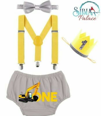 Baby Boy One Digger Construction Cake Smash 1st Birthday Photo Shoot Outfit Set