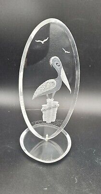 Lucite Acrylic Reverse Carved Pelican on Stand Signed Numbered MCM