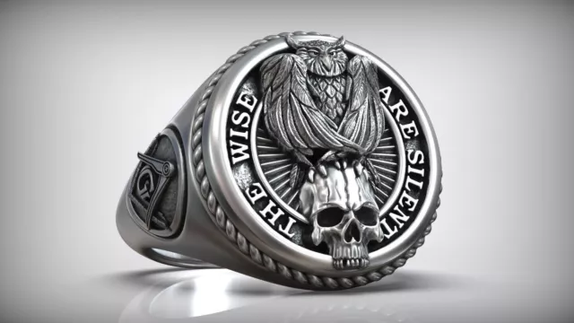 Masonic All Seeing Eye Snake Illuminati Owl Skull Biker Silver Men's Gifts Ring