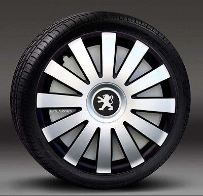 Silver/Black 14" wheel trims, Hub Caps, Covers to Peugeot 107 (Quantity 4)