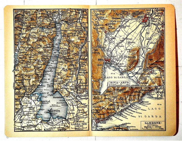 1909 Antica Stampa Geo-Topografica: Lago Di Garda, Riva-Arco, Gardone.etna