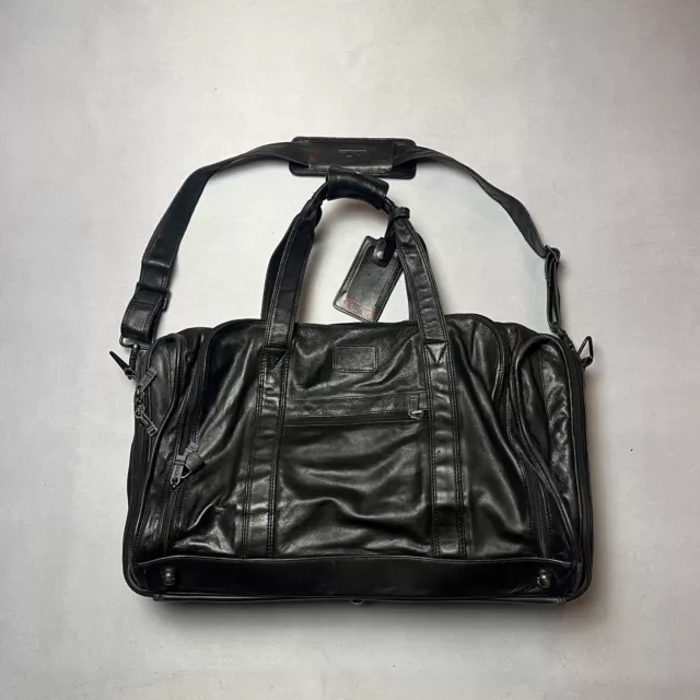 TUMI Soft Black Leather Expandable Duffle Travel Overnight Bag with Strap