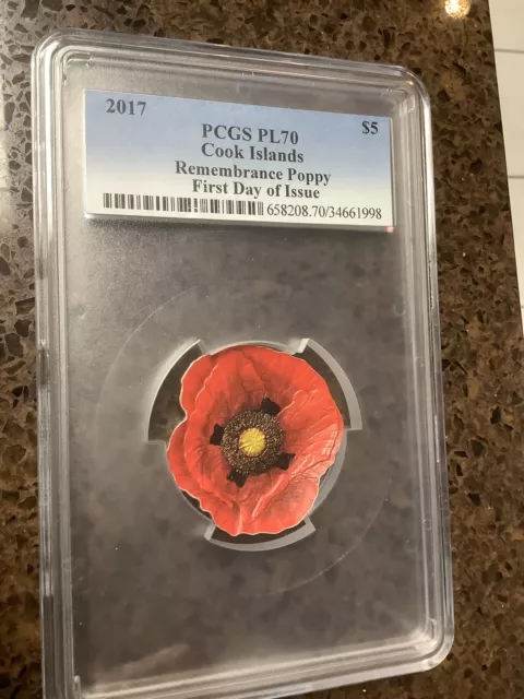 Rare 2017 1 Oz Silver $5 Cook Island Remembrance Poppy Coin PCGS  PL70