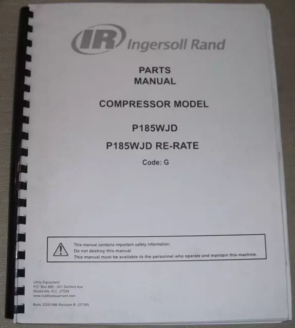 INGERSOLL RAND P185WJD Compressor Parts Manual Book Catalog £33.25