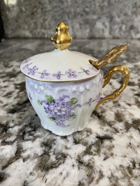 Vintage Jpl Limoges Jean Pouyat Sugar Bowl Gold And Violets Pattern With Spoon