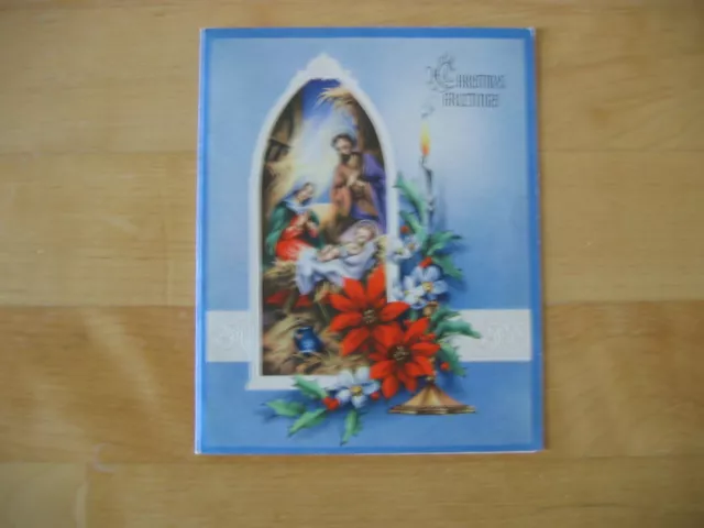 Vintage Unused CHRISTMAS CARD Creche Scene w/ Joseph Mary Baby Jesus Poinsettia