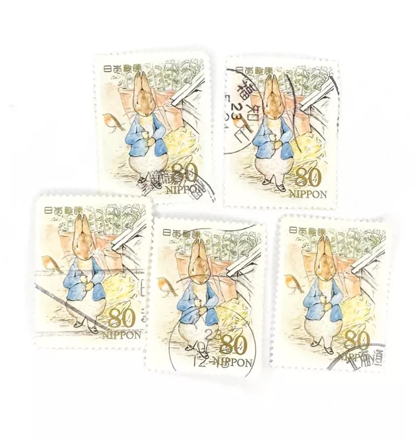 5 x Peter Rabbit Beatrix Potter gebraucht, japanische Briefmarken alles aus Papier