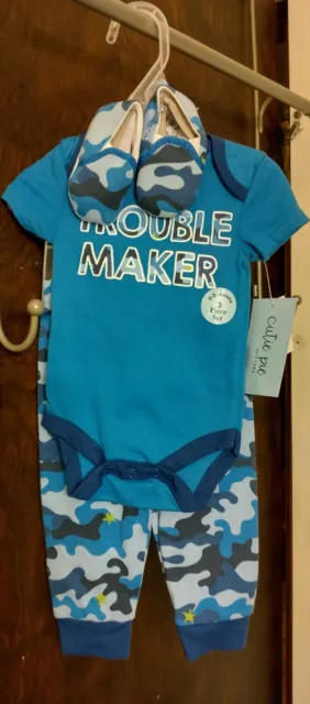 3 pc Infant Camouflage Boys Size 0-3 Months Set - "Trouble Maker" by Cutie Pie