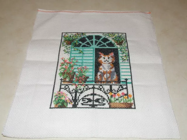 Completed Cross Stitch -  Cat and Flowers - Unframed 13.5 x 17cm