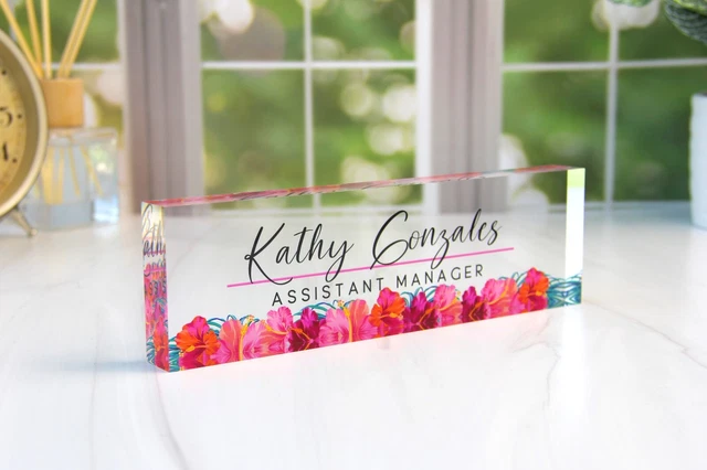 Personalized Clear Acrylic Name Plate Plaque for Desk Flower Floral CAB07FW