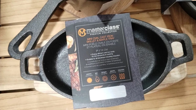 S/2 NEW Masterclass MINI OVAL CAST IRON SKILLET MAPLE TRAY Premium ALL STOVES 7"