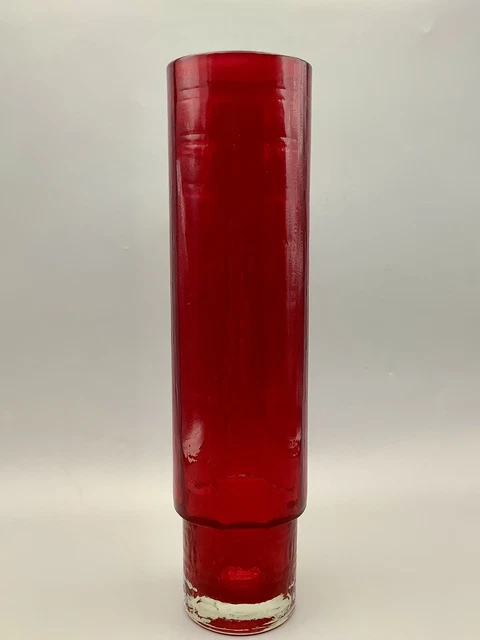 Retro Ruby Red 28cm tall Glass Vase by Alsterfors MCM ribbed texture, clear base