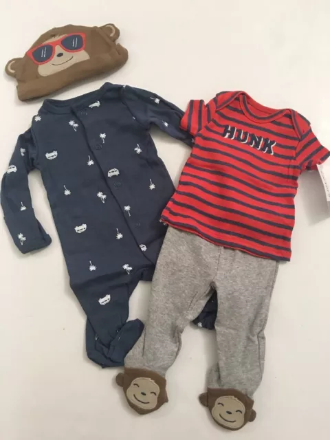 Carters Baby Boy Monkey Coverall Hat Pants Set Size Newborn 3 6 9 Months Layette