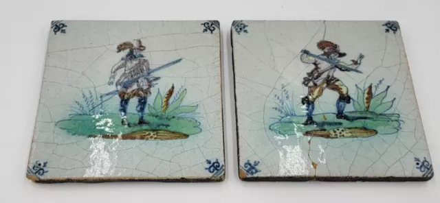 ANTIQUE 18TH c. DUTCH DELFT POLYCHROME TILES X2 SOLDIERS WITH SWORDS AND MUSKET