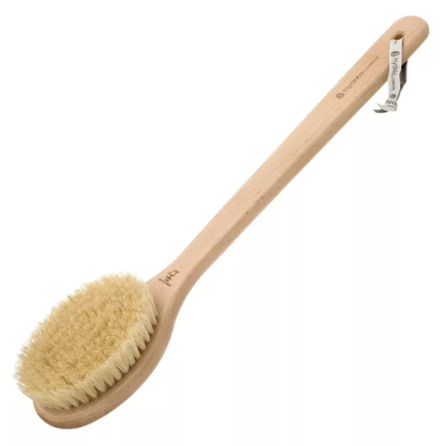 Hydrea London Long Handle Body/Bath Brush. FSC Beechwood. Natural Cactus Bristle