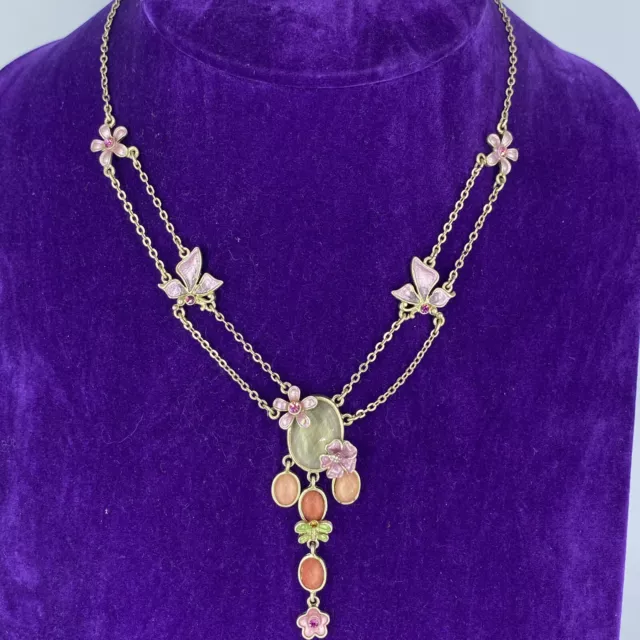 Butterfly Necklace Purple Enamel Floral Gold Tone Drop 19”