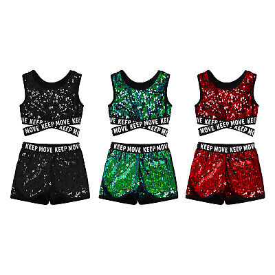 Girls Sequins Dance Set Crop Top+Shorts Jazz Hip Hop Performance Shiny Outfits