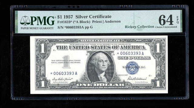 DBR 1957 $1 Silver STAR *A Block Fr. 1619* PMG 64 EPQ Serial *00603393A