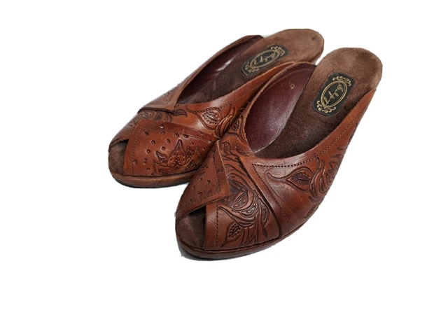 Salpy Shoes Sandals Size 6 Slides Wooden Wedge Leather 3.5" Heels Hand Crafted Salpy Shoes Sandals Size 6 Slides Wooden Wedge Leather 3.5" Heels Hand Crafted