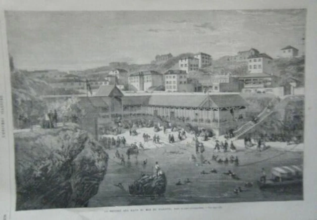 GRAVURE SUR BOIS 19ème BIARRITZ LA MATINEE AUX BAINS DE MER