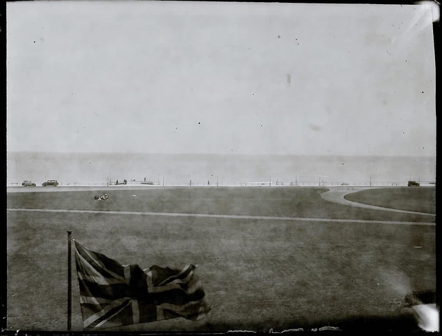 Antique Photo Glass Plate Negative 9x12cm English Flag Beach Car