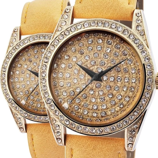 Moderna Reloj Oro Rosa Amarillo Análogo Estrás Piedras Simili Arte Cuero Cuarzo