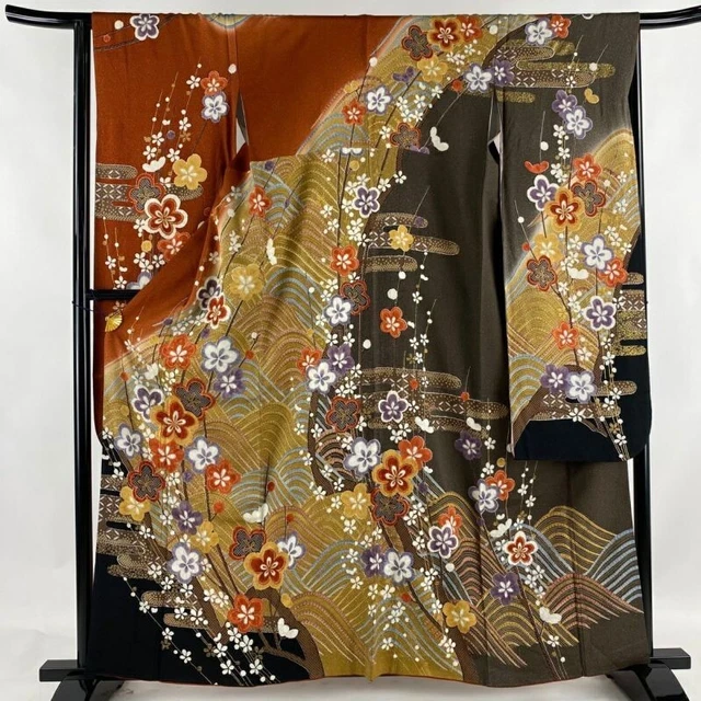 Japanese Kimono Furisode Pure Silk Prunus Japonica Wave Gold Paint Reddish Brown