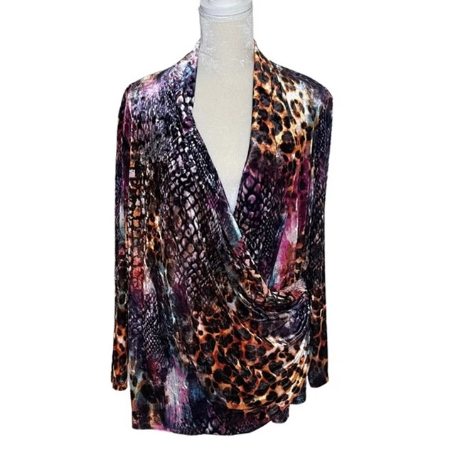 Christopher & Banks Women’s Velvet 3/4 Sleeve Faux Wrap Top Plus Size 2X Animal