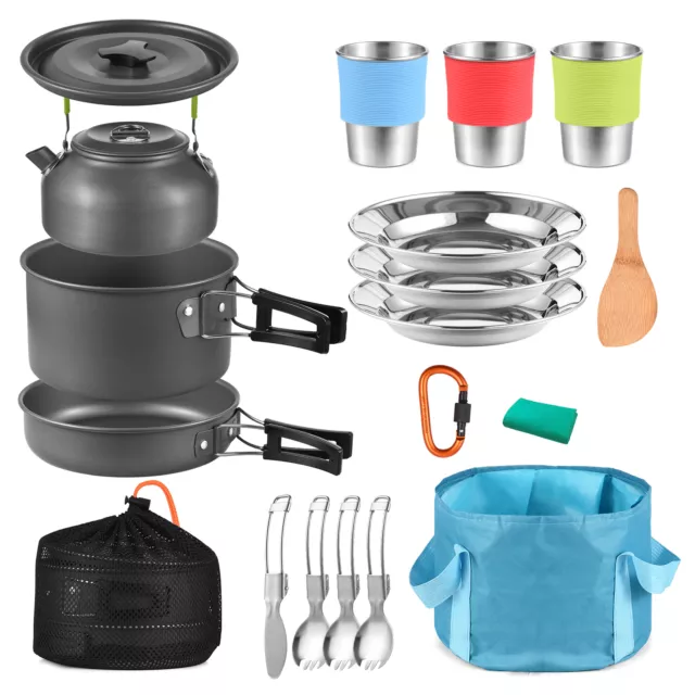 22pcs Camping Cookware Mess Kit Camping Pot and Pan Cooking Set O0A9