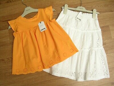 NEXT Girls Yellow Cotton Top White Skirt Summer Outfit Age 3-4 104cm NEW RRP £28