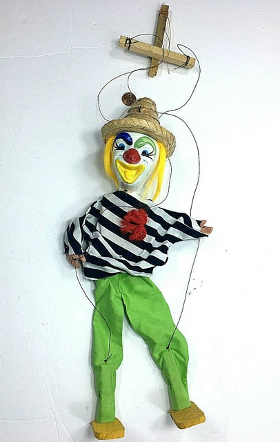 Vintage Hand Crafted Clown Wooden String Puppet Marionette Toy 15"