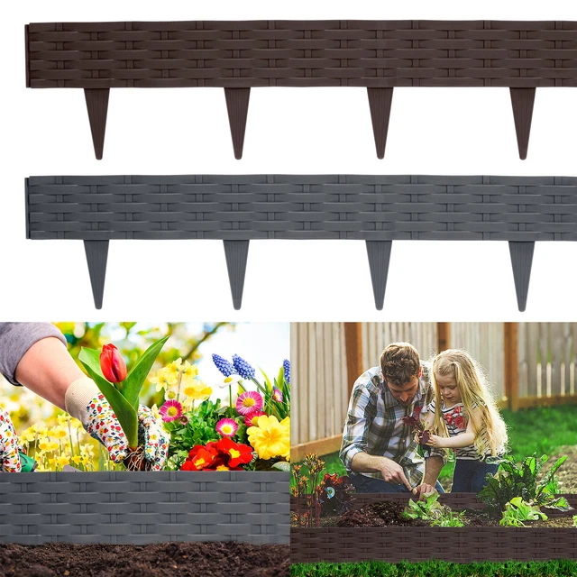 Palizzata Giardino Pieghevole Bordo Per Aiuole In Plastica Effetto Rattan - 10 M (10 Pezzi), Colore Grigio, Altezza 20 Cm Recinzione Giardino Effetto Rattan