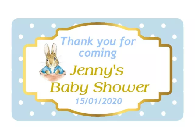 21 Personalised Gloss Peter Rabbit Baby Shower Stickers Favour Labels Box Seals