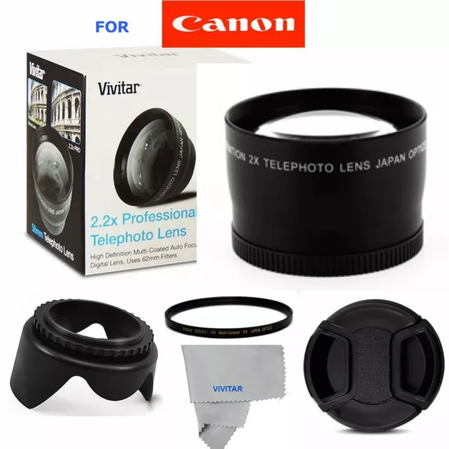 2X TelePHOTO Lens +UV FILTER+HOOD + CAP FOR CANON EOS REBEL T3 T3I XT 1000D T5I