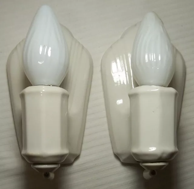 Antique Sconce Pair Vtg Porcelain Light Fixture Ceramic Wall 2 Rewired USA #E29