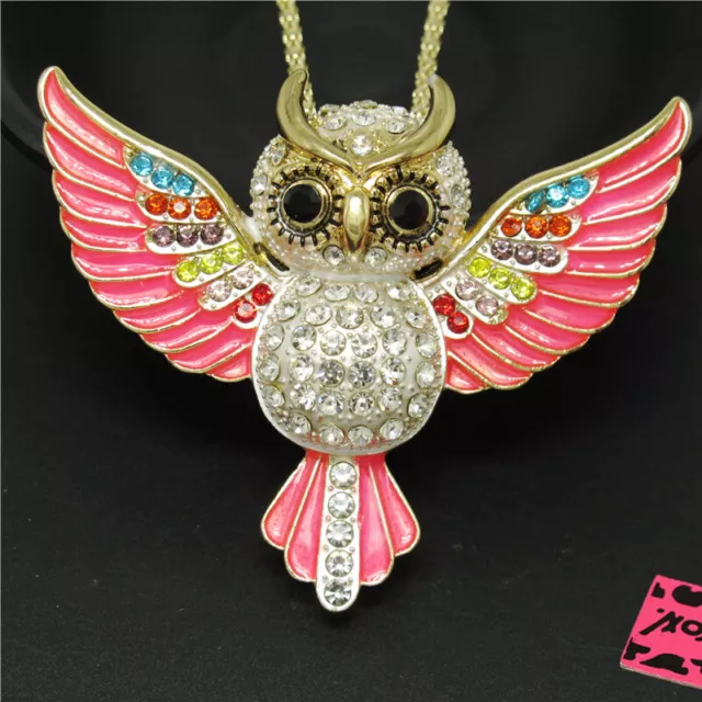 New Fashion Women Cute Pink Enamel Owl Animal Crystal Pendant Chain Necklace