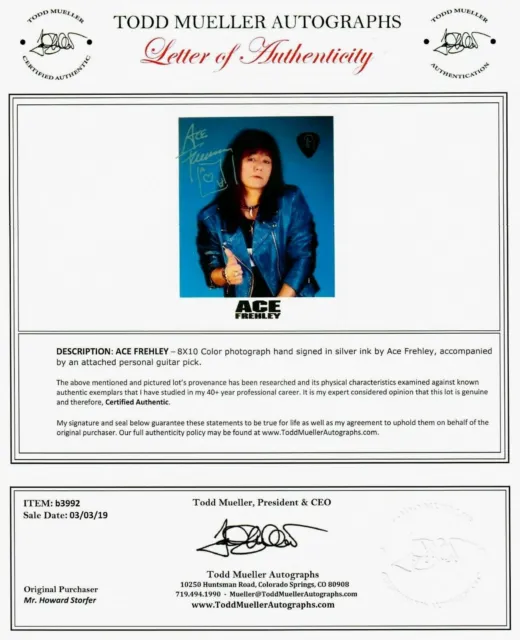 "Kiss" Ace Frehley Hand Signed 8X10 Color Photo COA 2