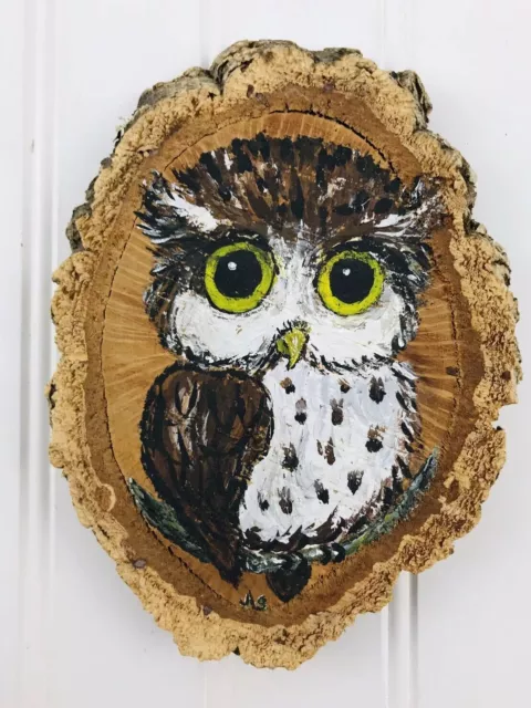 HAND PAINTED WOOD Tree Slice Owl Perched 7” Brown White Wall Hanging Decor