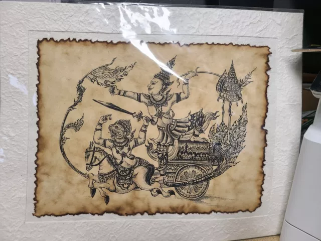 Thai Figure Riding A Horse Artwork On Mache Backing 20x16