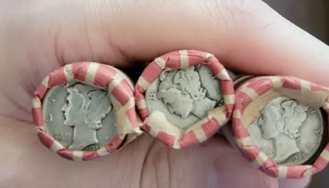 3 Wheat Cent Roll With Silver Mercury Dime On The End 1909-1958 PDS Unsearched